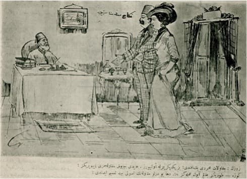 Nikah-ı medeni münasebetiyle
-Zevzek: Mukavelat muharriri beyefendi! Biz yekdiğerimizle evleniyoruz. Haydi çabuk mukavelemizi yapıveriniz!
Geveze: Durunuz bakalım ayol aceleniz ne? Daha bu türlü mukavelenin usulü bile tamim edilmedi! görseli
